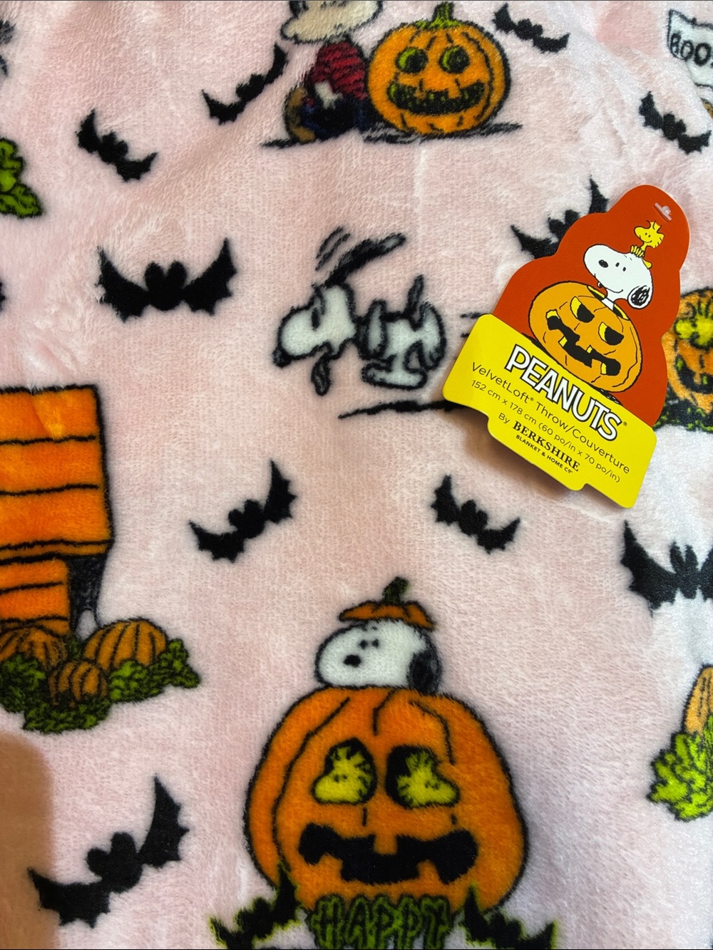 Berkshire Pink Peanuts Snoopy Halloween Plush Throw with Orange Pumpkins